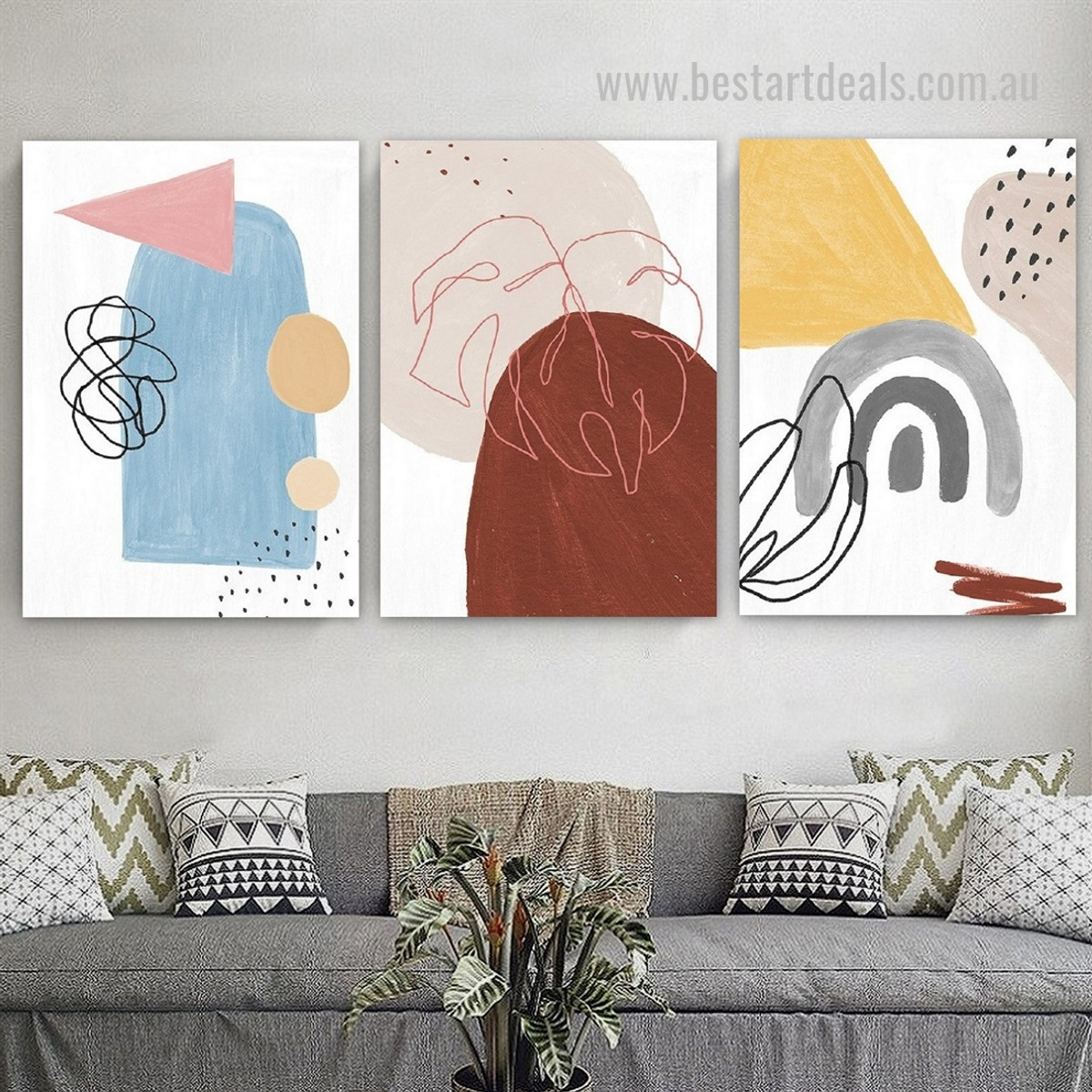 Convoluted Trait Marks Dots Modern Framed Stretched Geometric Artwork Image 3 Piece Abstract Canvas Print for Room Wall Moulding