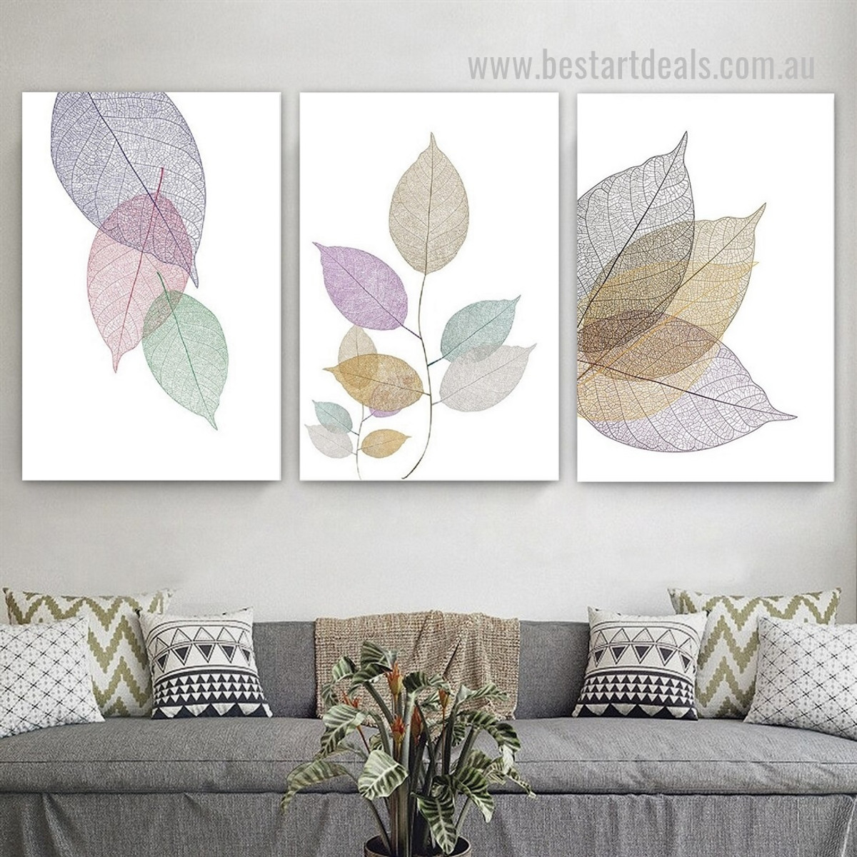 Calico Hornbeam Leaflets Botanical Modern Framed Stretched Minimalist Painting Photo 3 Piece Canvas Print for Room Wall Assortment