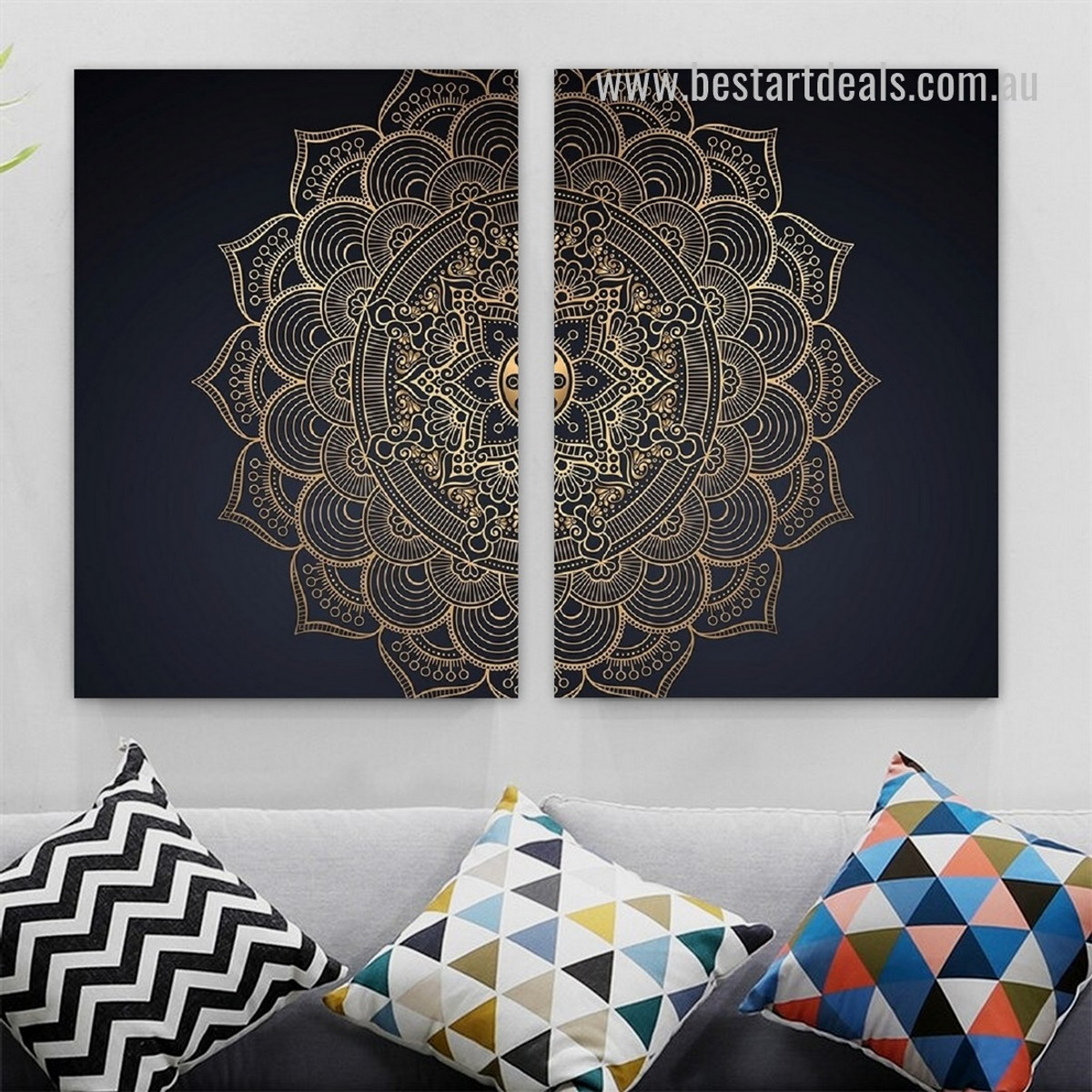 Scansion Mandala Design 2 Piece Artwork Photo Framed Stretched Geometric Canvas Print for Room Wall Drape