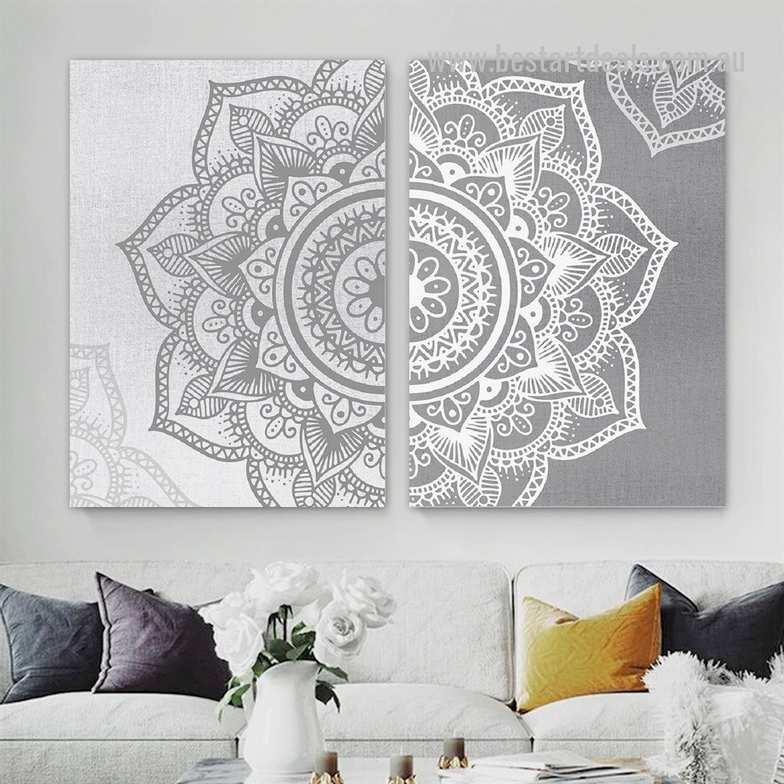 Mandala Leaflets Pattern Framed Stretched Abstract 2 Piece Artwork Photo Botanical Canvas Print for Room Wall Equipment