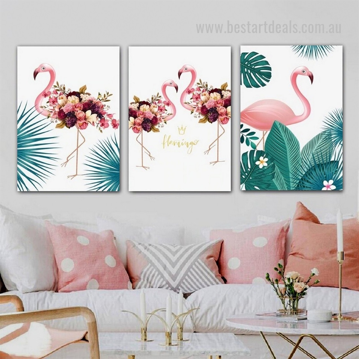 Flamingo Daffodil Leaves Modern 3 Piece Framed Stretched Wall Art Bird Photograph Floral Canvas Print for Room Getup