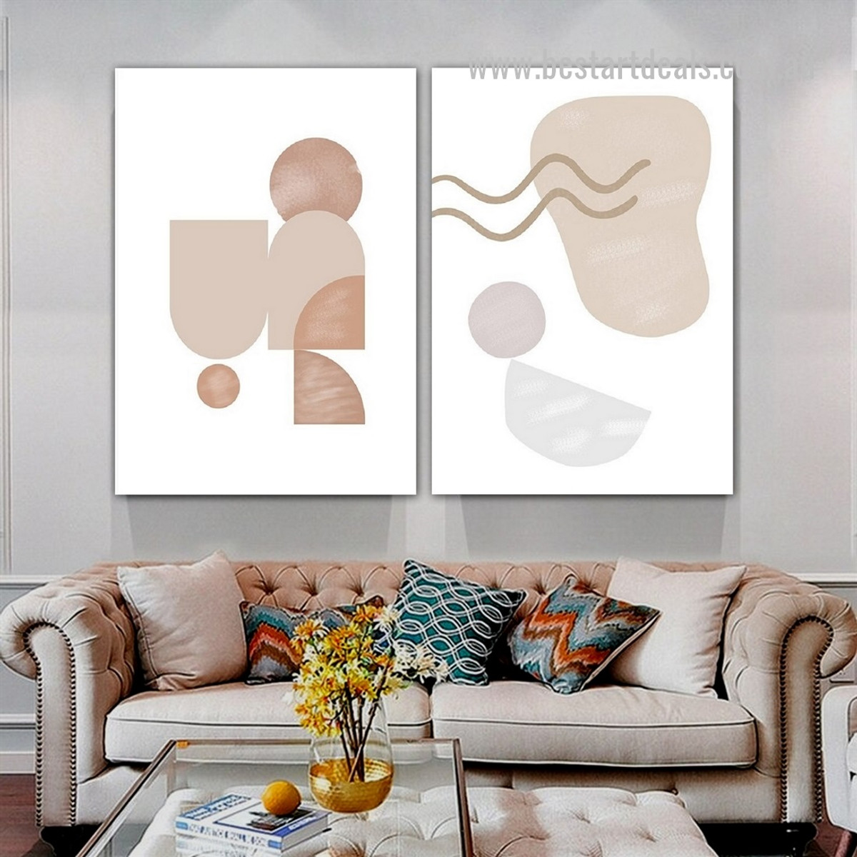 Macula Quarter Ring Abstract Painting Image Geometric Framed Stretched 2 Piece Scandinavian Canvas Print for Room Wall Ornamentation