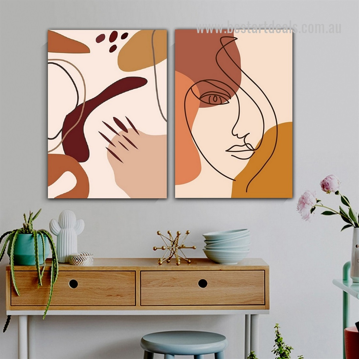 Trait Dona Visage Face Figure Abstract 2 Piece Framed Stretched Scandinavian Painting Photograph Canvas Print for Wall Hanging Illumination