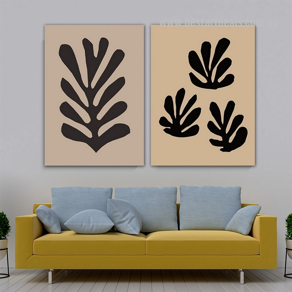 Sable Leaflets Botanical Framed Stretched Scandinavian Art Abstract Photograph 2 Panel Canvas Print for Room Wall Garnish