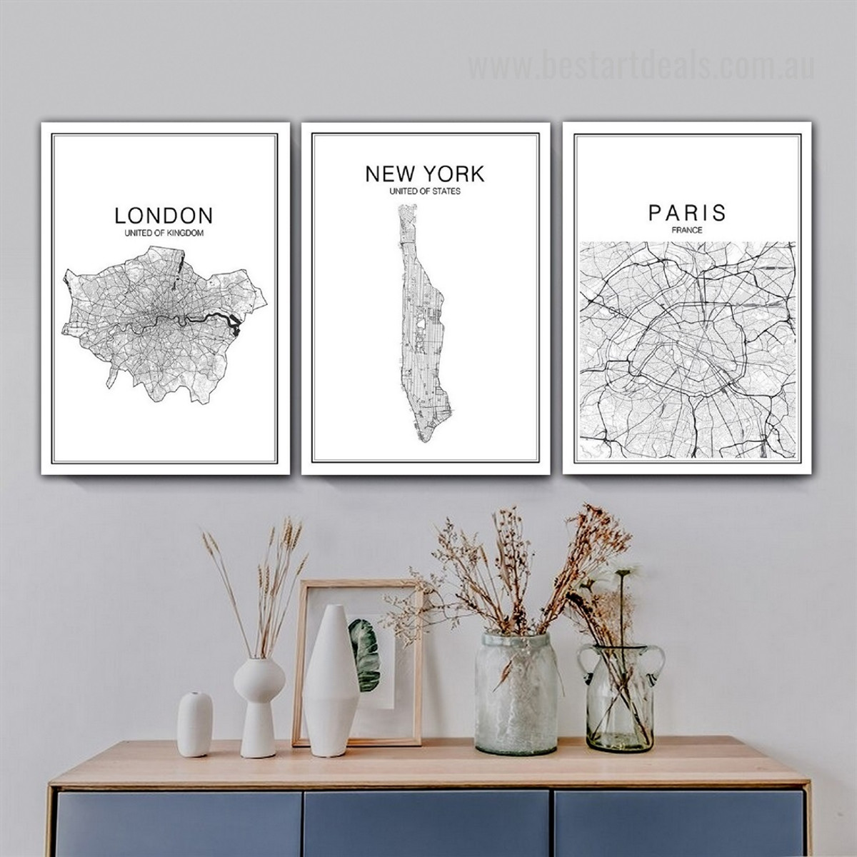London  New York Paris Map Modern Typography Framed Stretched Abstract Painting Photo 3 Piece Canvas Print for Room Wall Assortment