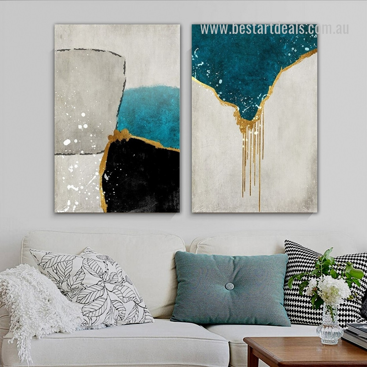 Particoloured Splodges Abstract Modern Framed Stretched Painting Photograph 2 Piece Canvas Print for Room Wall Outfit