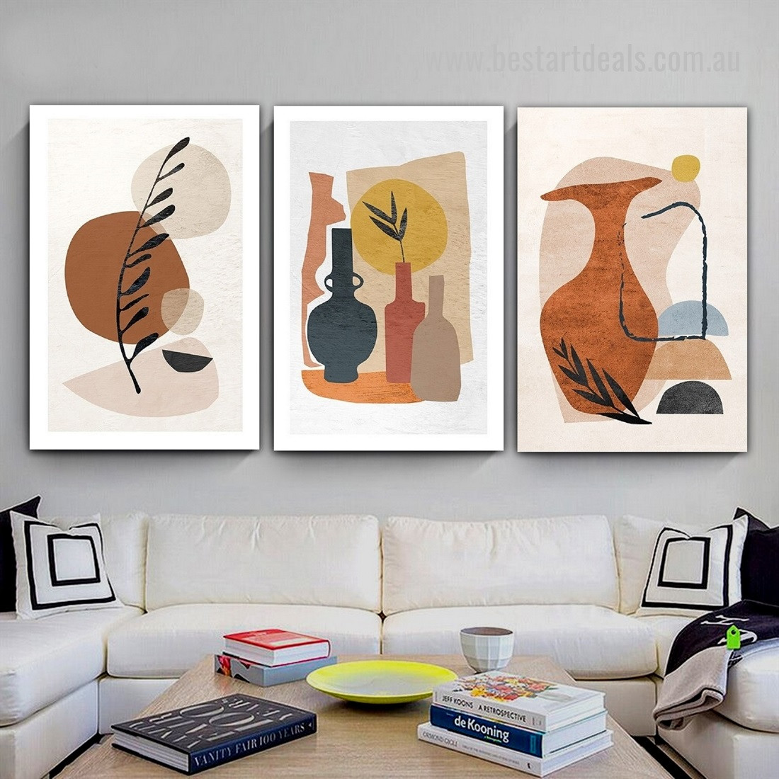 Chromatic Vases Leaflets Circles Scandinavian 3 Piece Artwork Botanical Photo Framed Stretched Botanical Canvas Print for Room Wall Drape