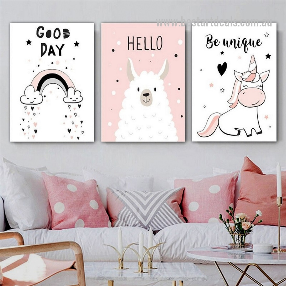 Be Unique Unicorn Animal Modern Quotes Artwork 3 Piece Photo Framed Stretched Canvas Print for Room Wall Decor