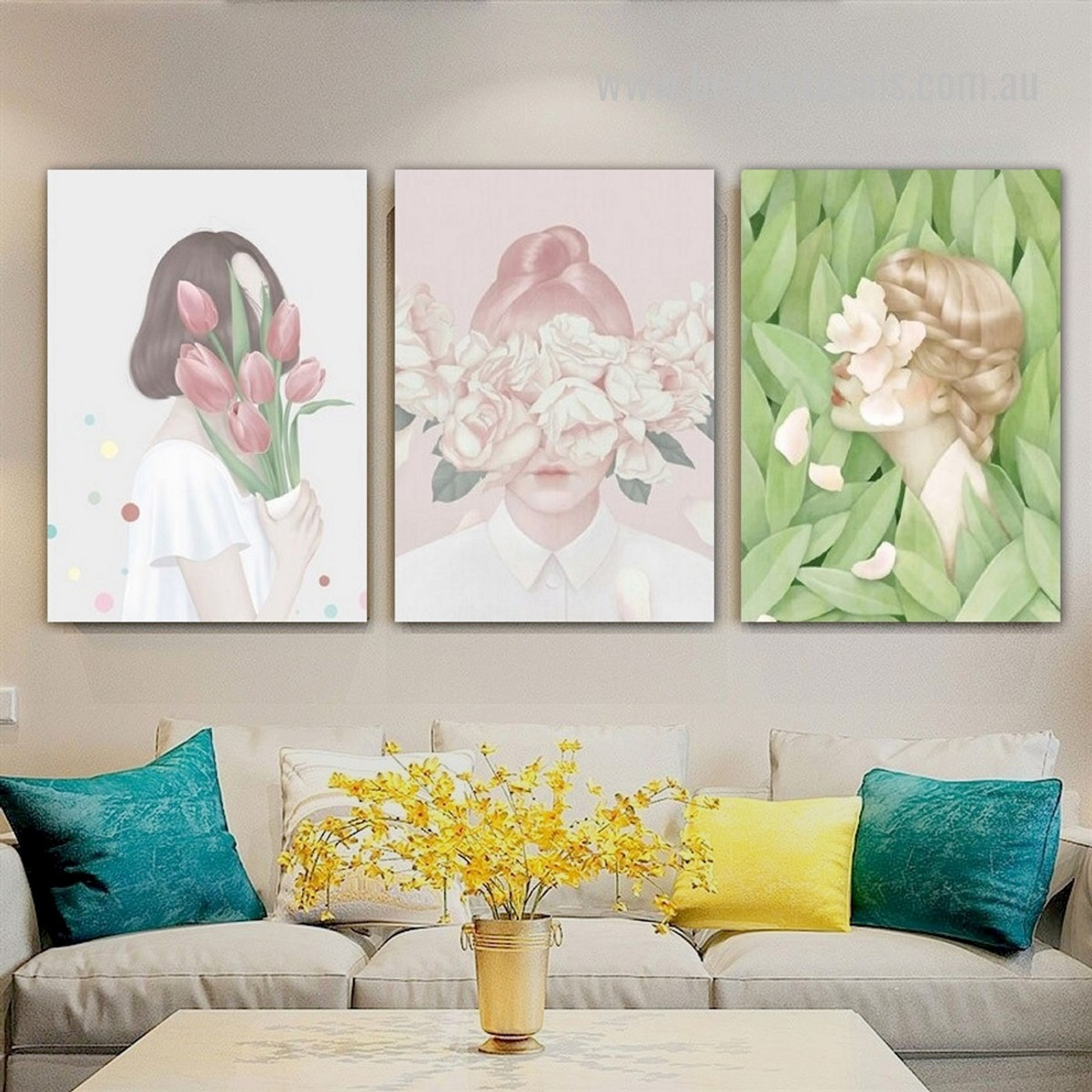Damsel Flower Face Spots Floral Stretched Framed Nordic 3 Piece Figure Painting Photograph Canvas Print for Room Wall Garniture