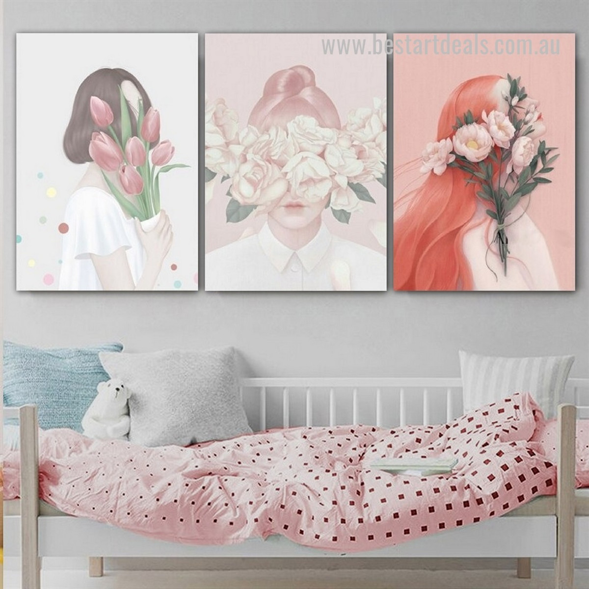 Juvenilia Daffodils Face Girls Nordic Canvas Wall Art 3 Piece Framed Stretched Figure Floral Print Image for Home Outfit