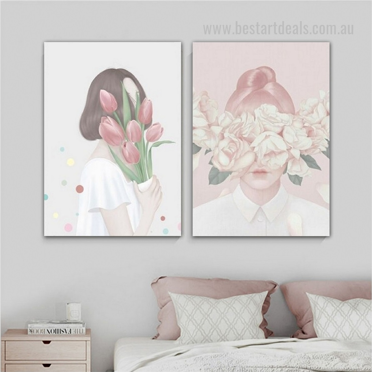 Maiden Bloom Portrait Girl Figure Nordic 2 Piece Photograph Wall Art Floral Framed Stretched Canvas Print for Home Onlay