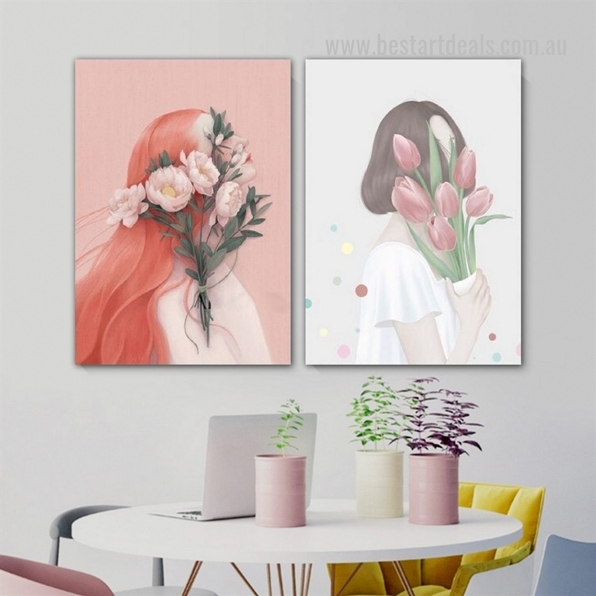 Blossom Wench Mask Girl Nordic Canvas Wall Art 2 Panel Picture Figure Framed Stretched Floral Canvas Print for Room Garnish