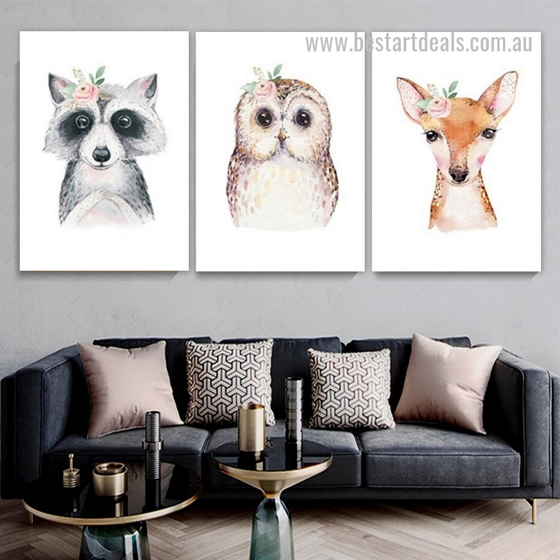 Cute Gazelle Owl Nordic Minimalist Animal 3 Piece Stretched Artwork Image Canvas Print for Room Wall Adornment