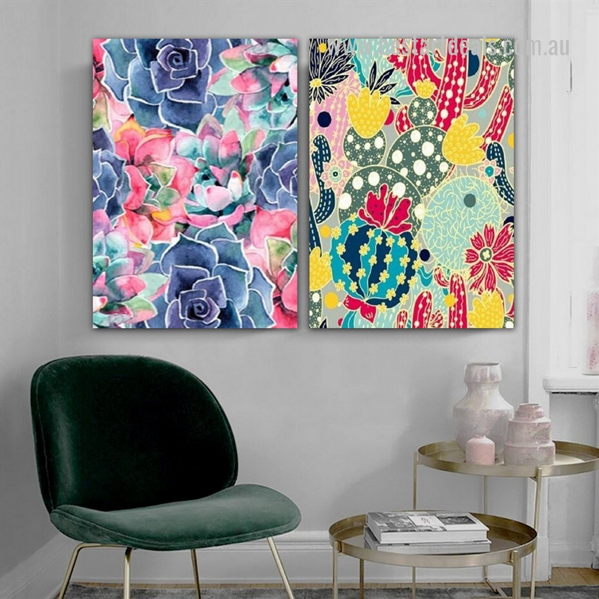 Colorific Daffodil Cactus Leaves Modern 2 Panel Floral Artwork Photograph Framed Stretched Abstract Canvas Print for Kids Room Wall Adornment