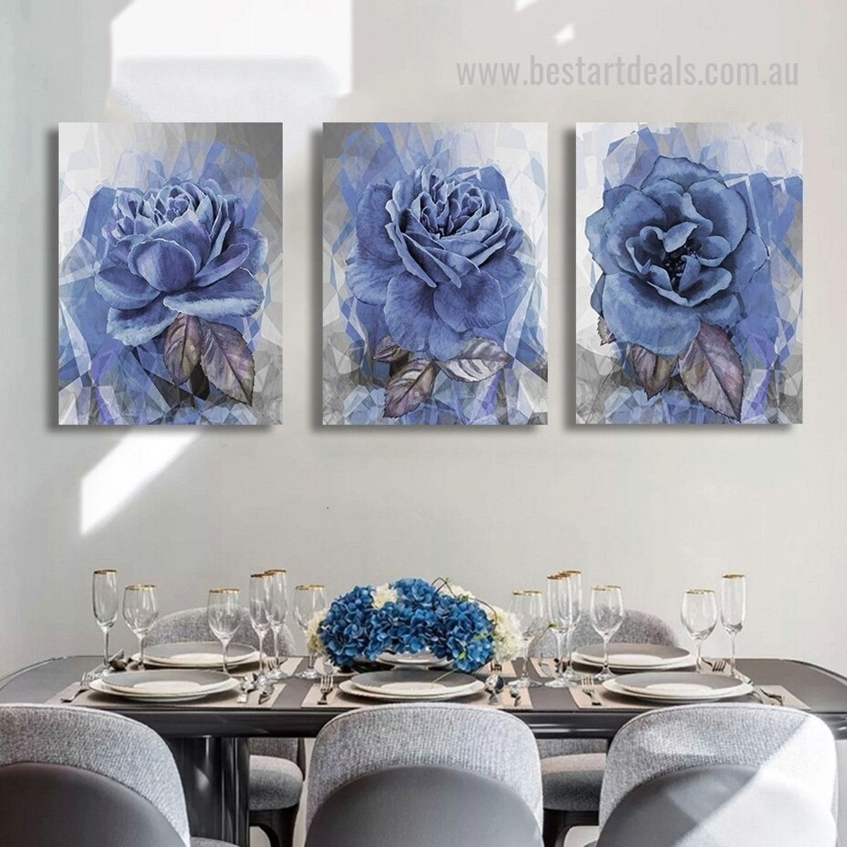 Blue Peony Leafage Leaves Art Photograph Abstract Framed Stretched Floral Wall Canvas Print 3 Multi Panel Modern for Home Onlay