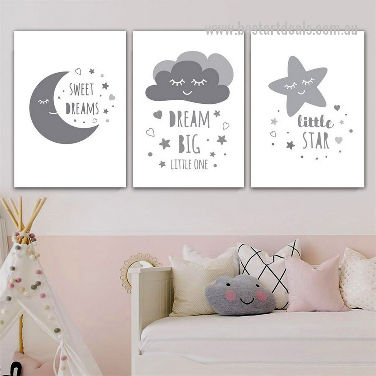 Little One Shiner Clouds Nursery Art Modern 3 Panel Typography Stretched Framed Canvas Print Photo for Room Wall Flourish