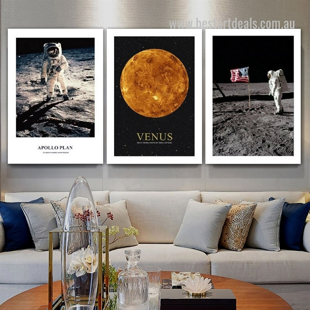 The Venus Planet Naturescape Modern Stretched Framed Painting Picture 3 Panel Typography Print on Canvas for Home Wall Finery