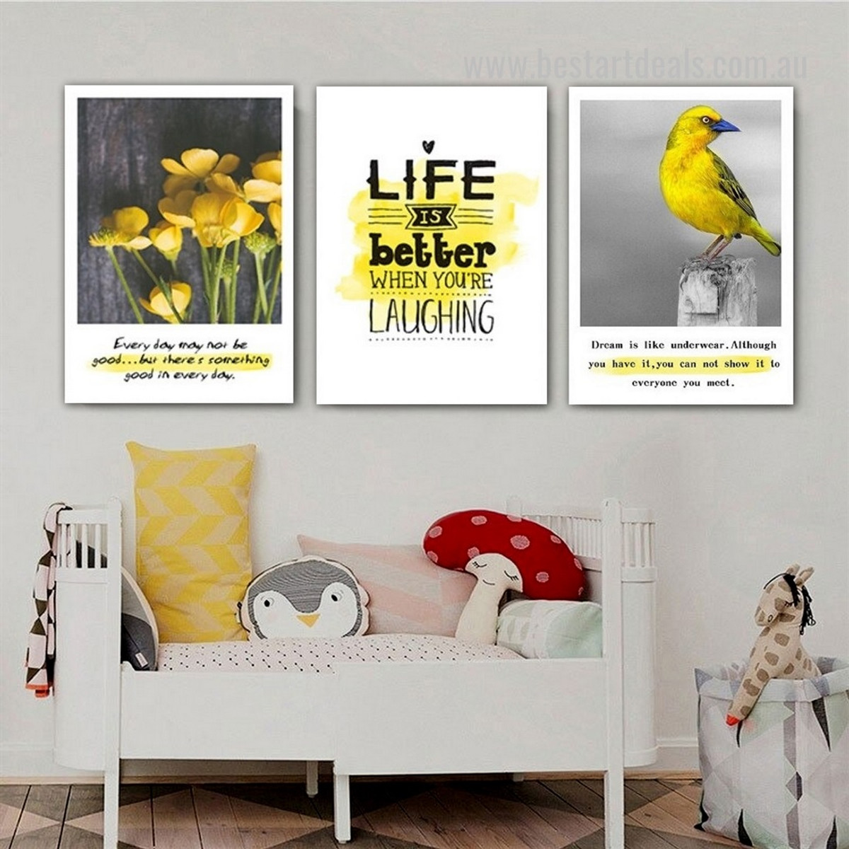 Beautiful Buttercups Bird Nordic Floral Artwork on Canvas Print 3 Panel Wall Photograph Framed Stretched Typography for Home Decoration