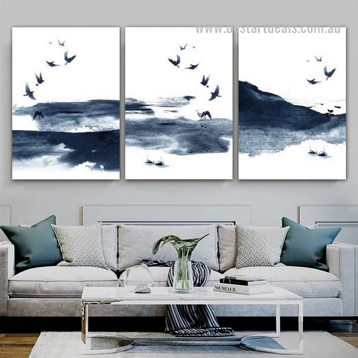 Speckles Land Votary Birds Nordic Landscape Abstract 3 Panel Framed Stretched Wall Artwork Photo Canvas Print for Home Onlay