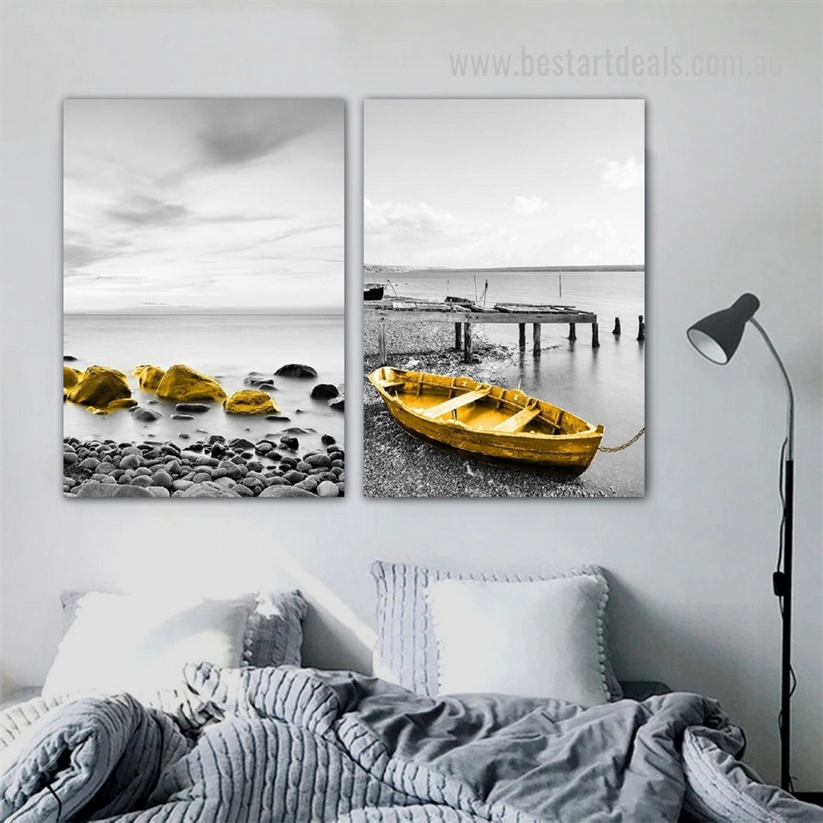 Ocean Loch Lake Nordic Landscape 2 Panel Artwork Photograph Framed Stretched Abstract Canvas Print for Bedroom Wall Adornment