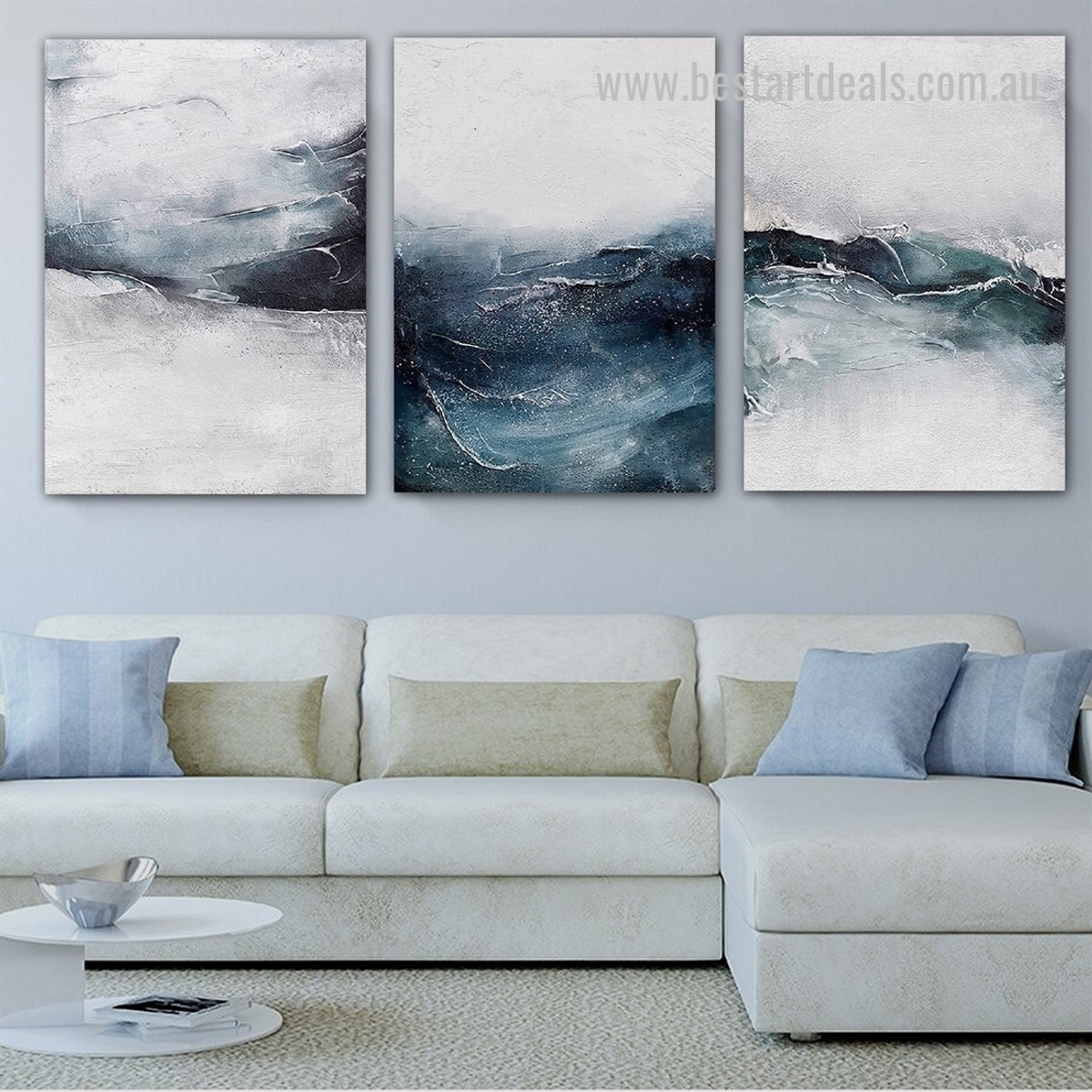 Ocean Whims Sea Waves Modern Canvas Wall Art 3 Piece Framed Stretched Abstract Seascape Print Image for Home Outfit