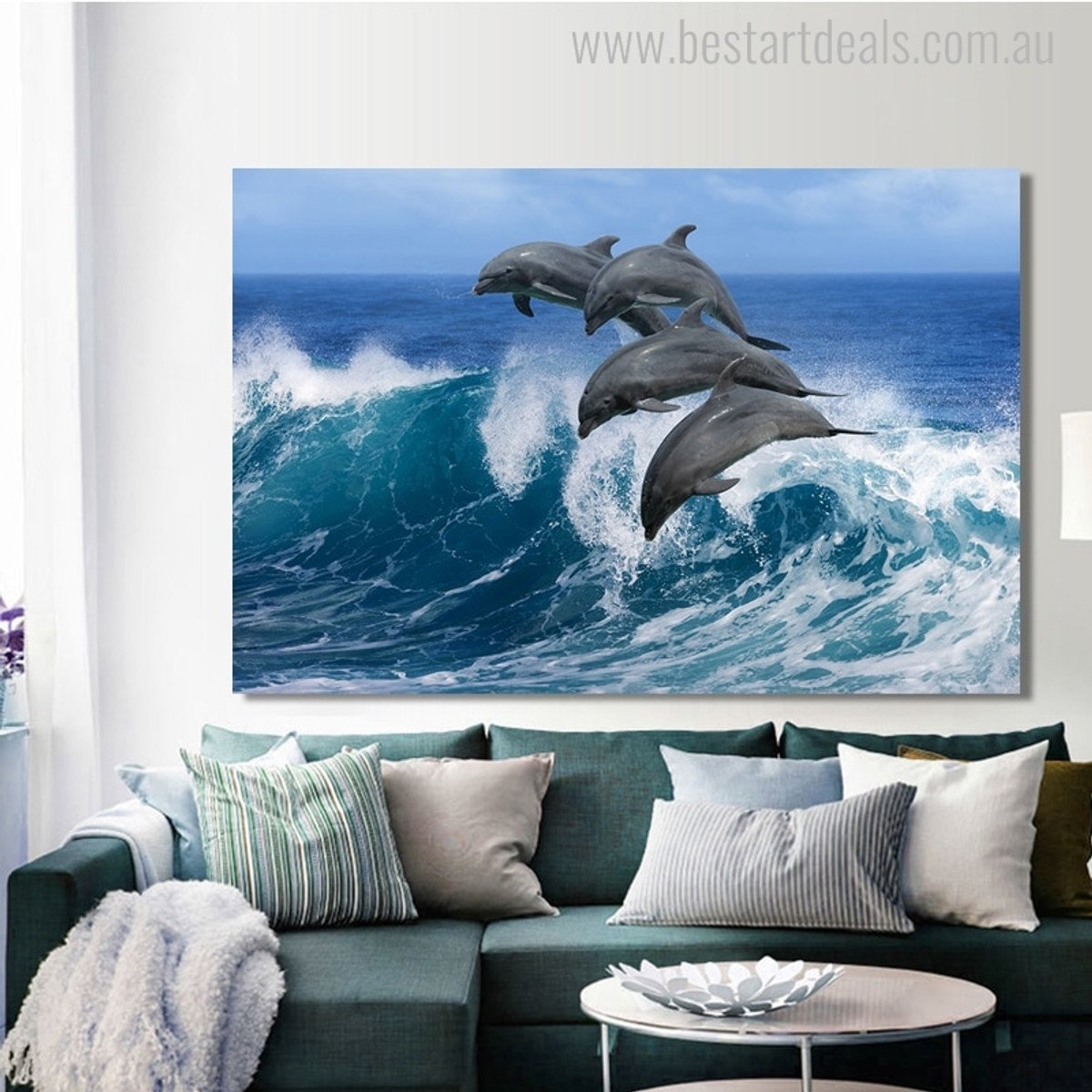Leaping Dolphins Modern Seascape Animal Painting Photo Canvas Print for Home Wall Outfit