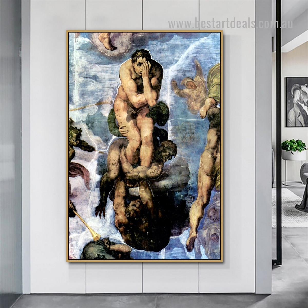 An Angel to Winding Trumpet Michelangelo High Renaissance Nude Reproduction Artwork Picture Canvas Print for Room Wall Garniture