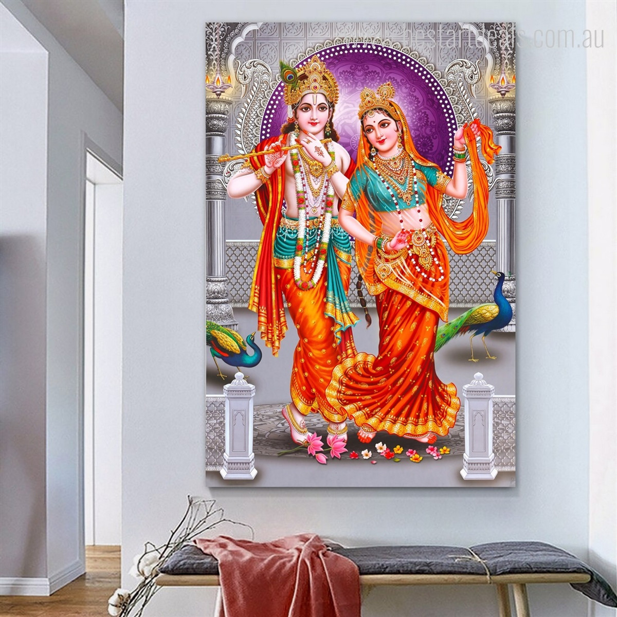 Lord Krishna Radha Jodi Peacock Hindus Spiritual God Modern Art Canvas Print for Room Wall Decoration