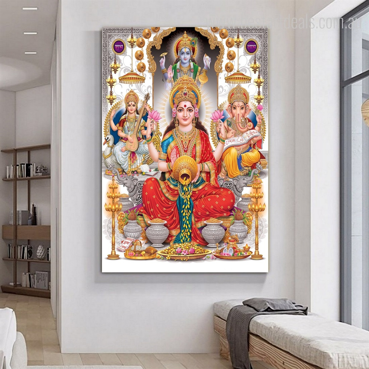 Maa Lakshmi Goddess Modern Hindus Religious Painting Canvas Print Image for Office Wall Embellishment