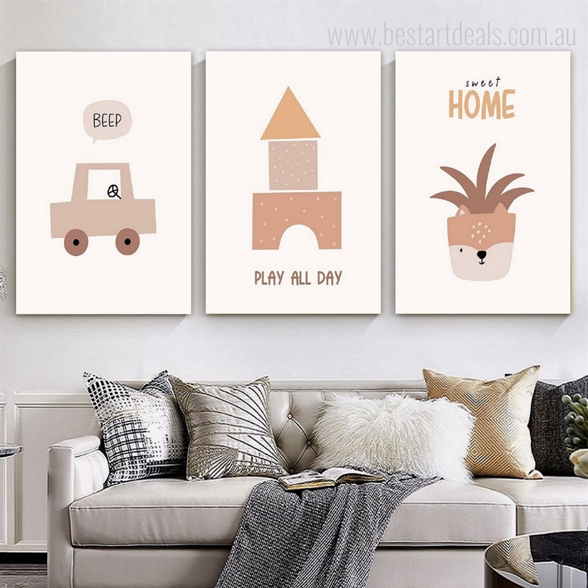 Play All Day Nursery Typography 3 Panel Set Minimalist Painting Photograph Stretched Canvas Print Home Wall Arrangement