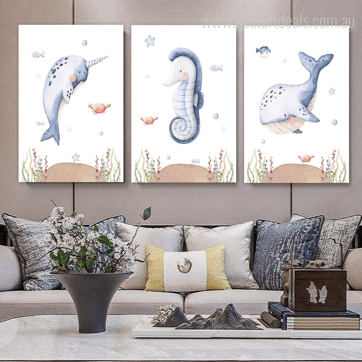 Sea Creatures Crab Nursery Animal 3 Multi Piece Wall Art Set Seascape Photograph Stretched Canvas Print for Room Getup