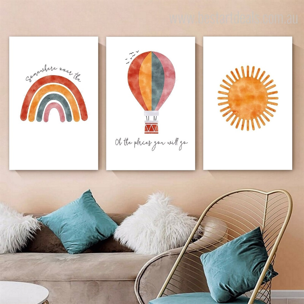 Oh The Places You Will Go Nursery Typography 3 Panel Nordic Painting Set Pic Stretched Canvas Print for Room Wall Drape