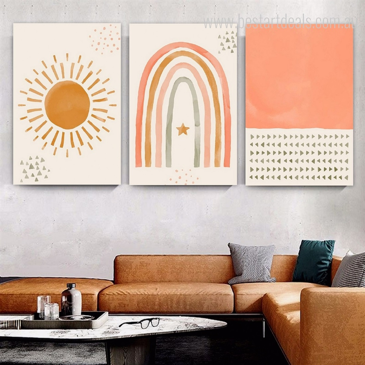 Triangular Tarnish Stars Sun Abstract Nursery 3 Multi Panel Painting Set Photograph Watercolor Print on Stretched Canvas for Wall Hanging Tracery