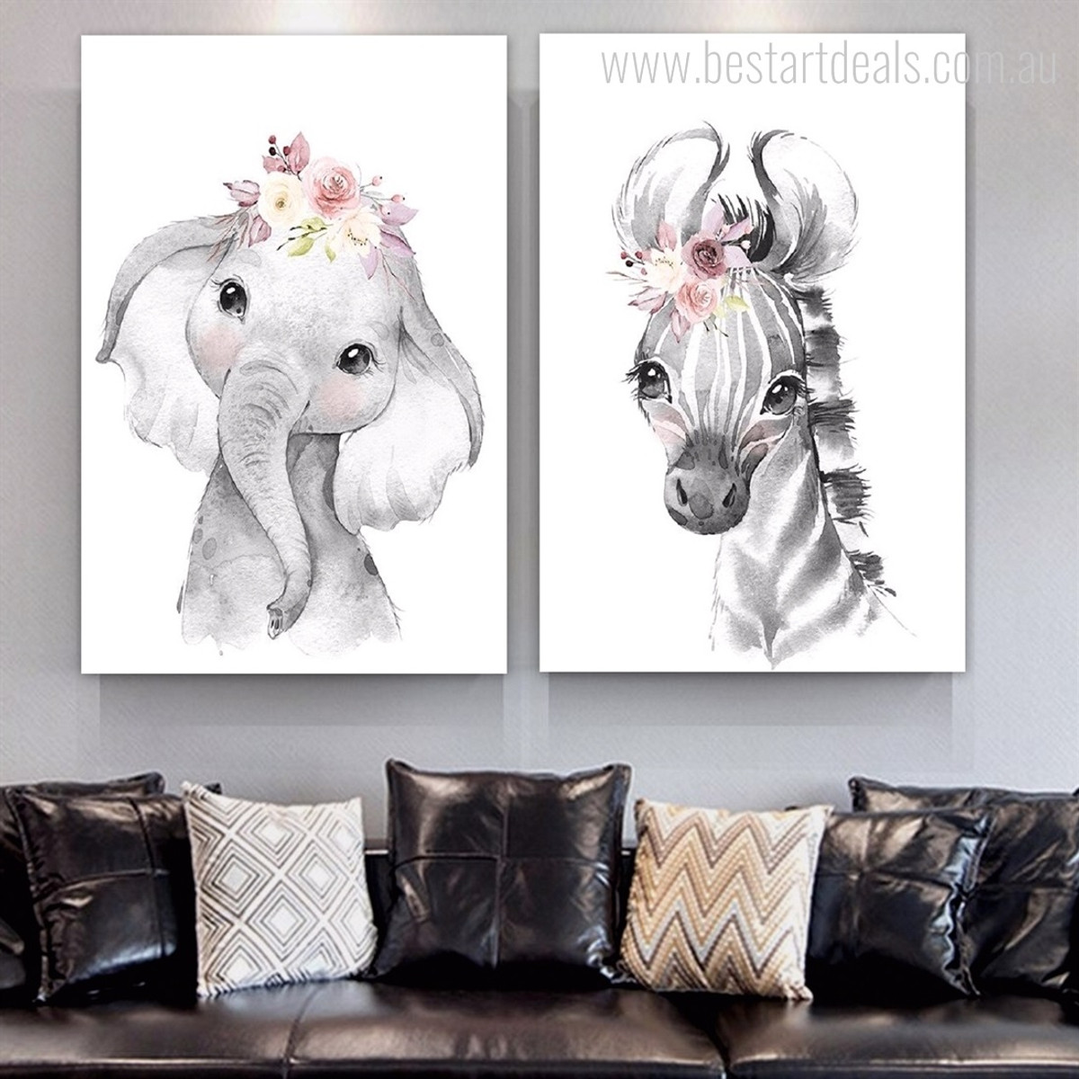 Elephant And Zebra Babies Animal 2 Panel Nursery Wall Art Photograph Minimalist Stretched Canvas Print for Room Decor