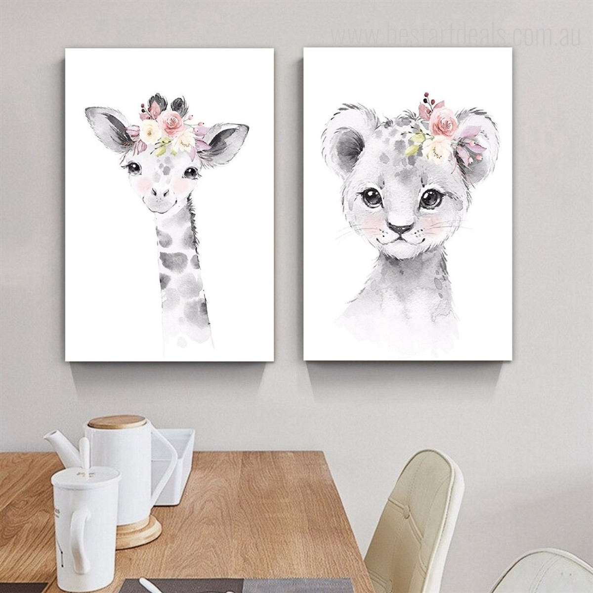 Calf And Cub Blooms Leaves Floral 2 Piece Animal Painting Sets Photograph Kids Nursery Stretched Canvas Print For Wall Hanging Illumination 