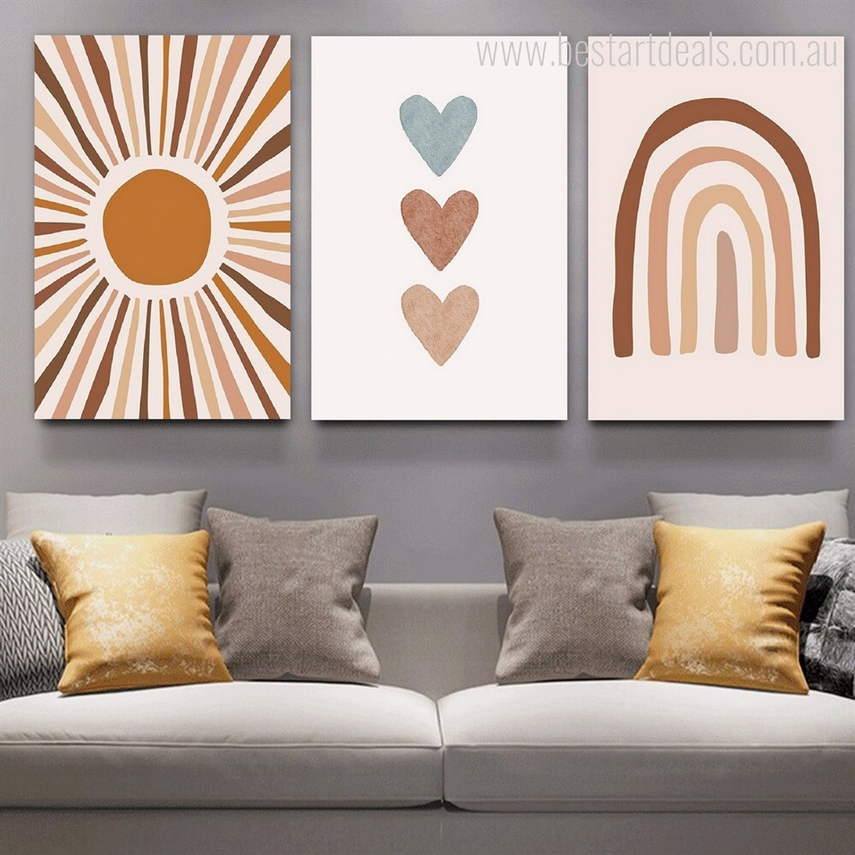 Chromatic Colour Hearts Rainbow Abstract Nursery 3 Multi Panel Painting Set Photograph Scandinavian Print on Stretched Canvas for Wall Hanging Tracery