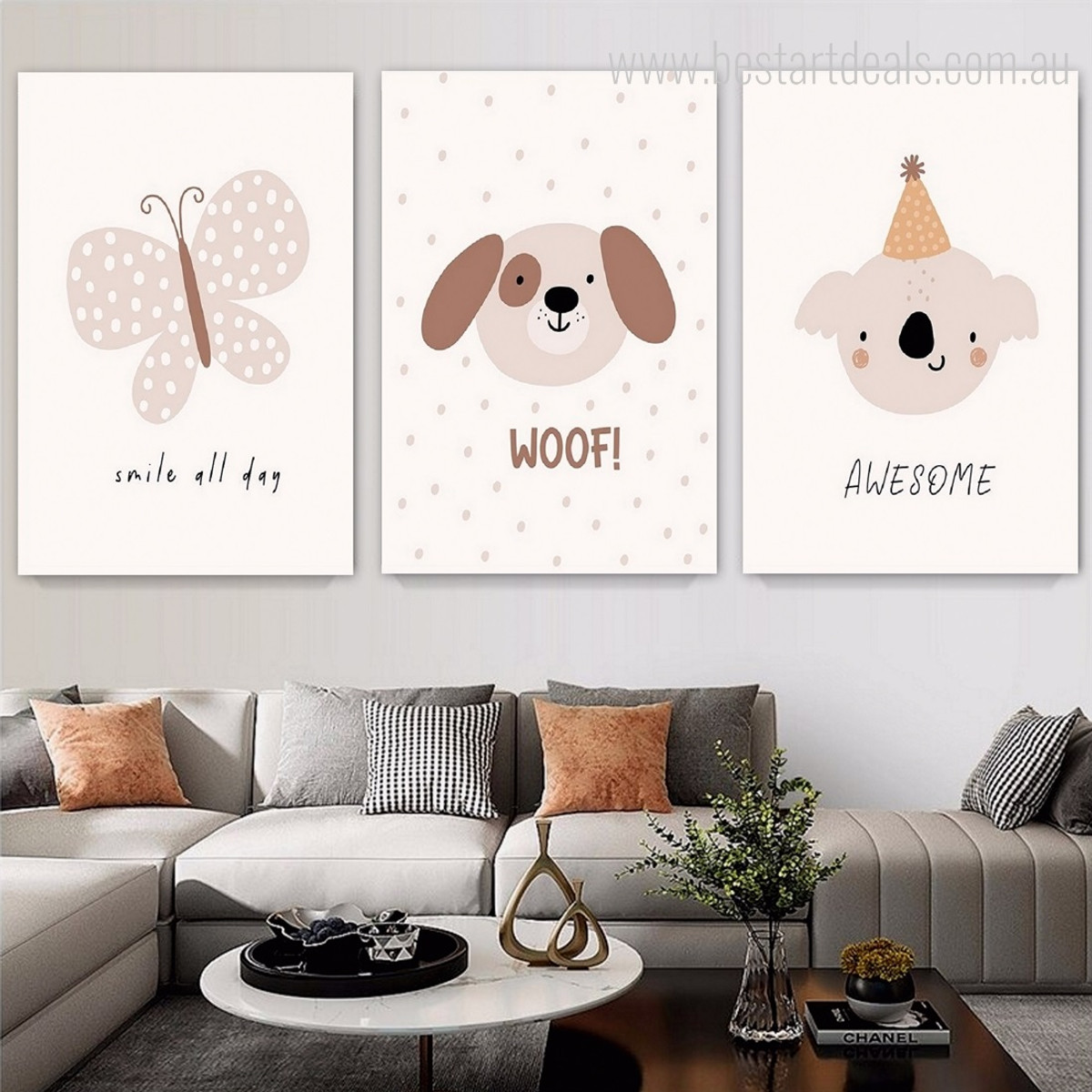 Smile All Day Bear Nursery Typography Pattern 3 Piece Set Animal Painting Picture Stretched Canvas Print for Room Wall Arrangement