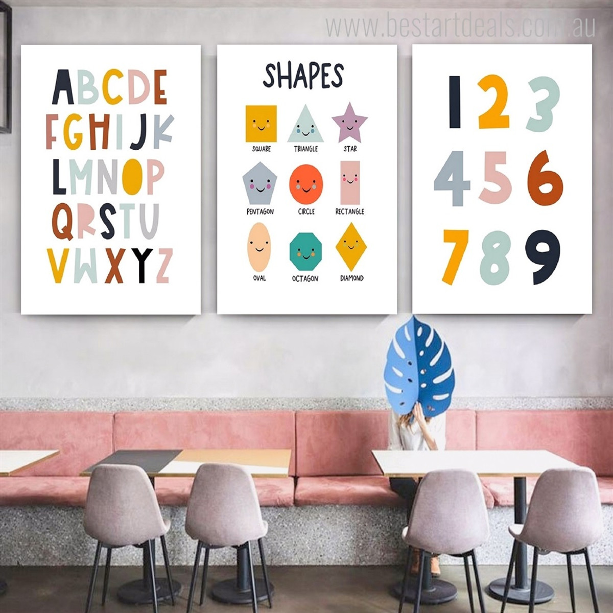 Cute Geometrical Shapes Abstract Nursery 3 Multi Panel Painting Set Photograph Typography Print on Stretched Canvas for Wall Hanging Tracery