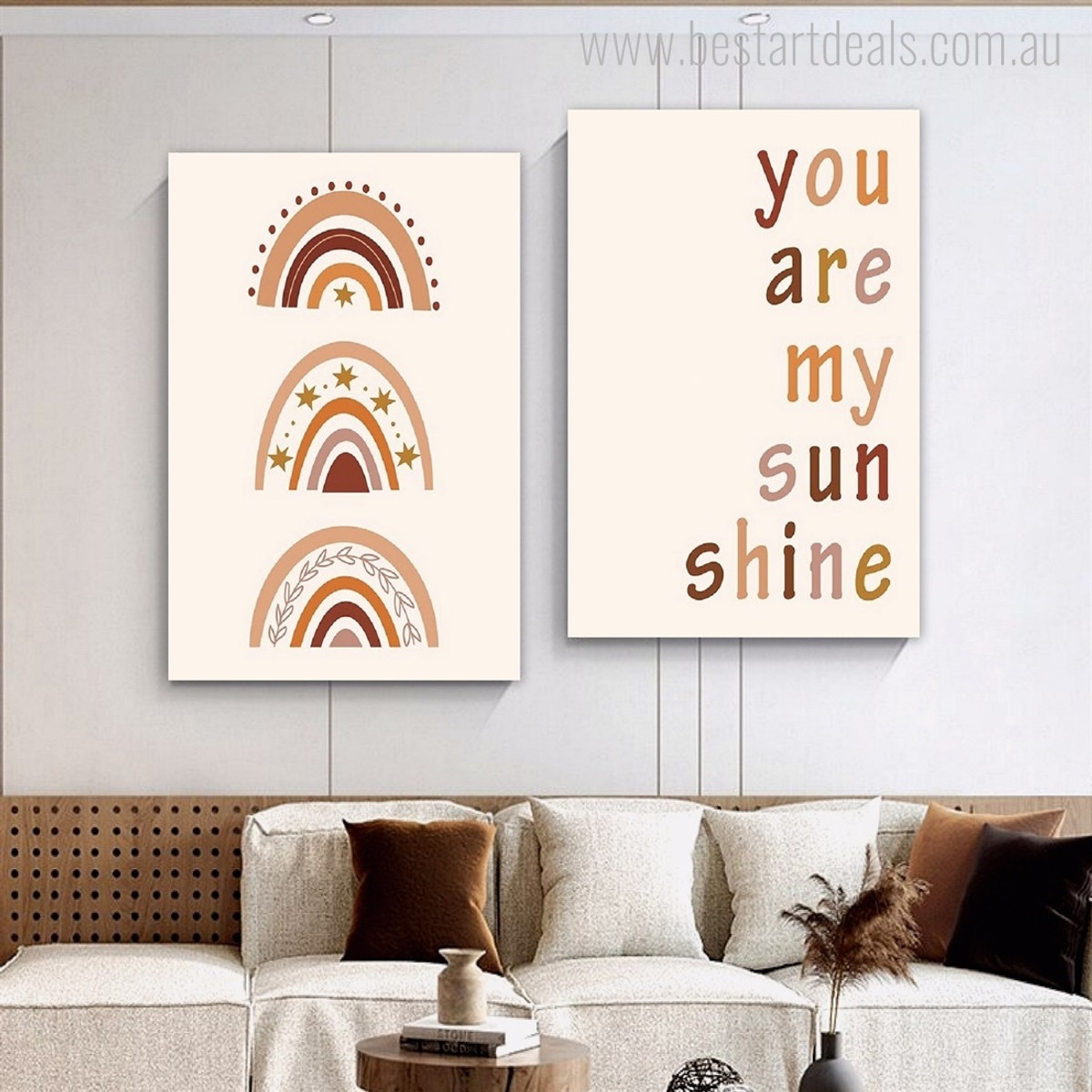 You Are My Sunshine Typography 2 Panel Nursery Wall Art Photograph Minimalist Stretched Canvas Print for Room Decor