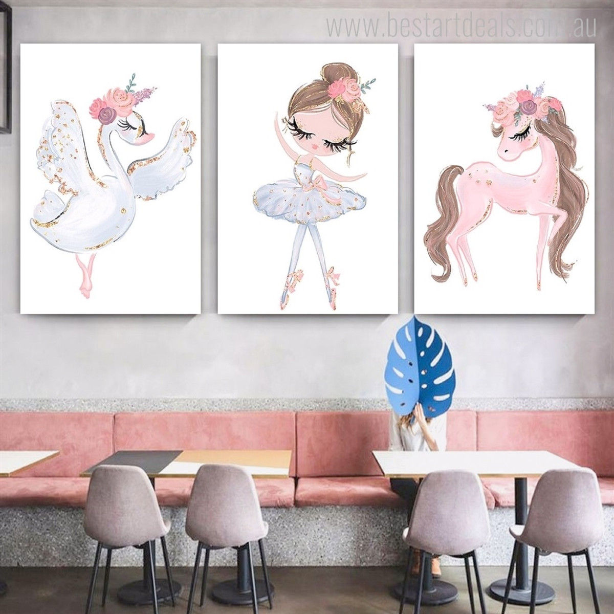 Dancing Lass And Swan Bird Photograph Figure Nursery 3 Piece Set Stretched Canvas Print for Room Wall Art Embellishment