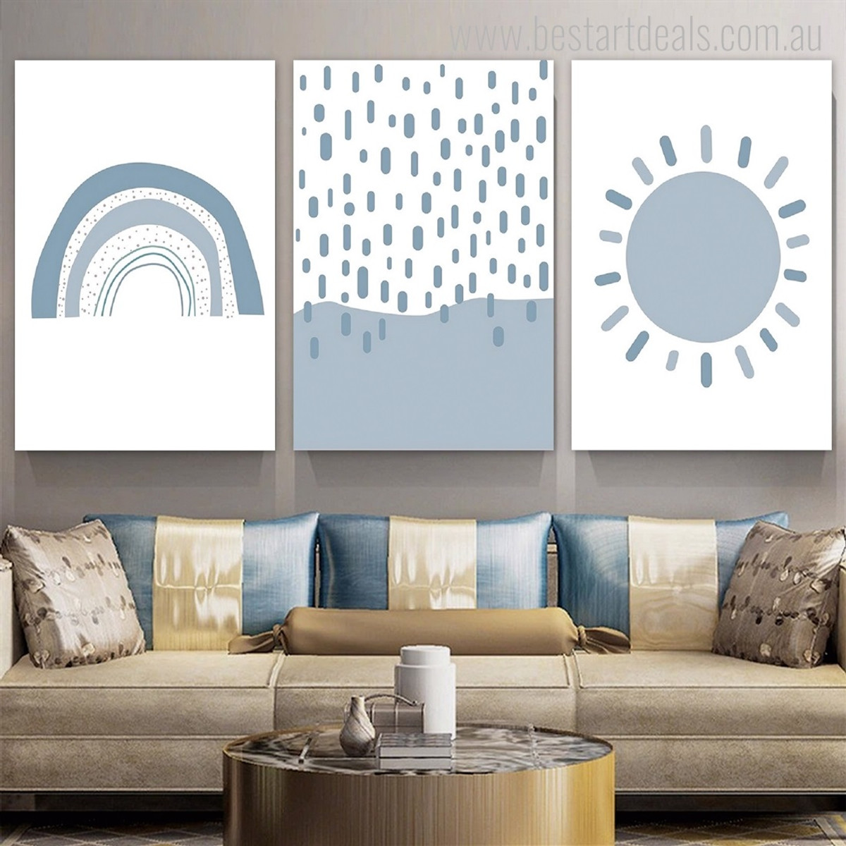 Rainbow Sun Strokes Lines Minimalist Nursery 3 Multi Panel Abstract Painting Set Photograph Nature Stretched Children Canvas Print for Room Wall Garnish