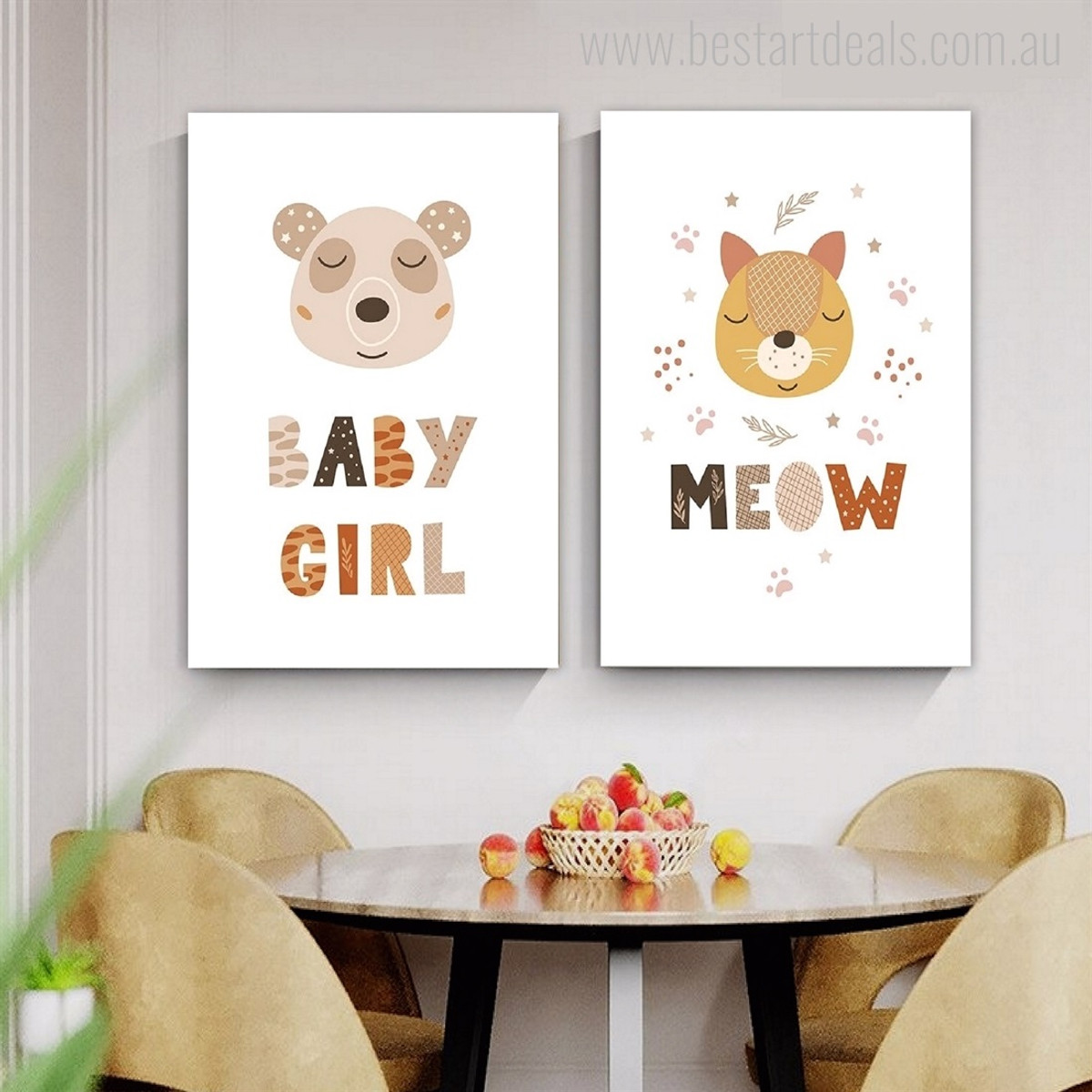 Animated Bear Cat Visage Spots Animal Nursery 2 Multi Panel Abstract Painting Set Photograph Typography Stretched Children Canvas Print for Room Wall Garnish