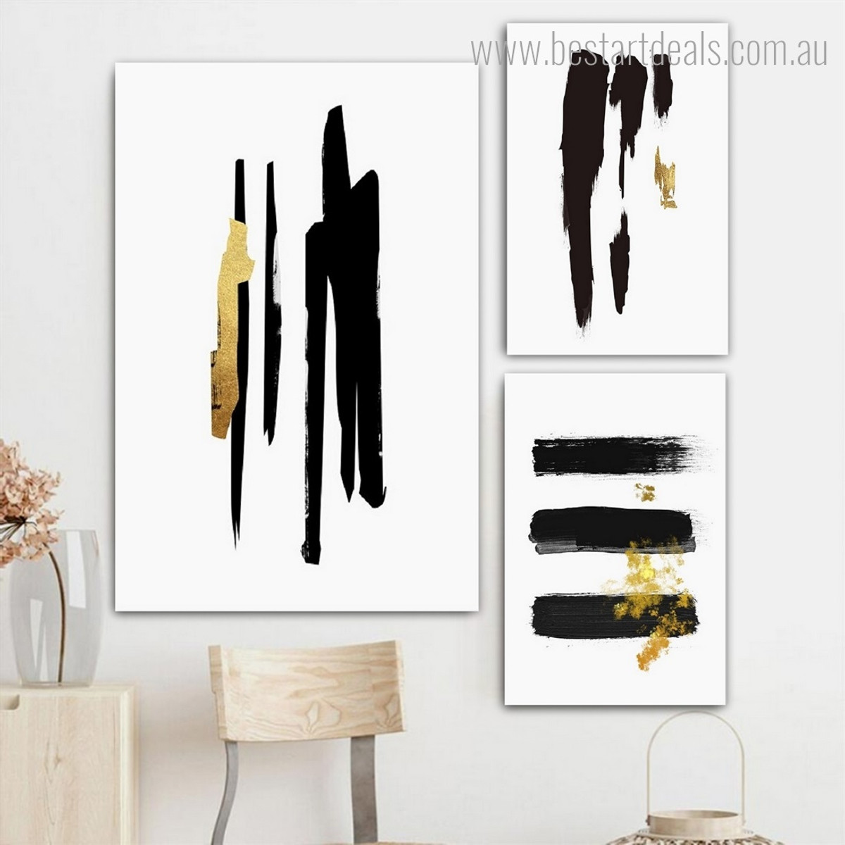 Black Strokes Spots Abstract 3 Piece Framed Wall Painting Set Geometric Modern Rolled Photograph Print on Canvas Home Wall Ornament