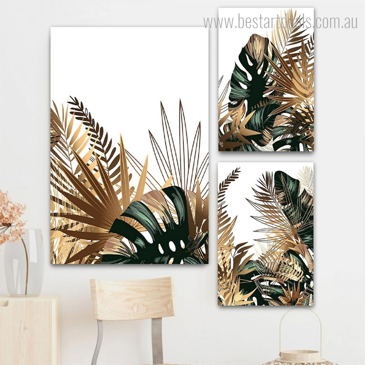 Tropical Monstera Leafage Botanical 3 Piece Framed Wall Art Set Modern Stretched Canvas Print Photograph for Room Garniture