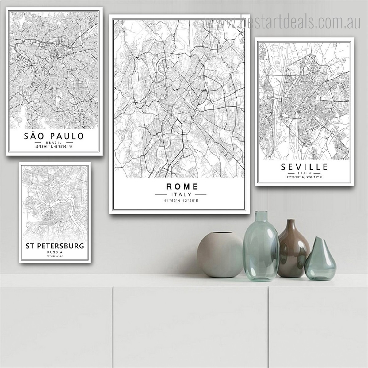 Sao Paulo Rome Seville Modern Map Cheap Wrapped Rolled 4 Piece Framed Wall Art Photograph Abstract Canvas Print for Room Disposition