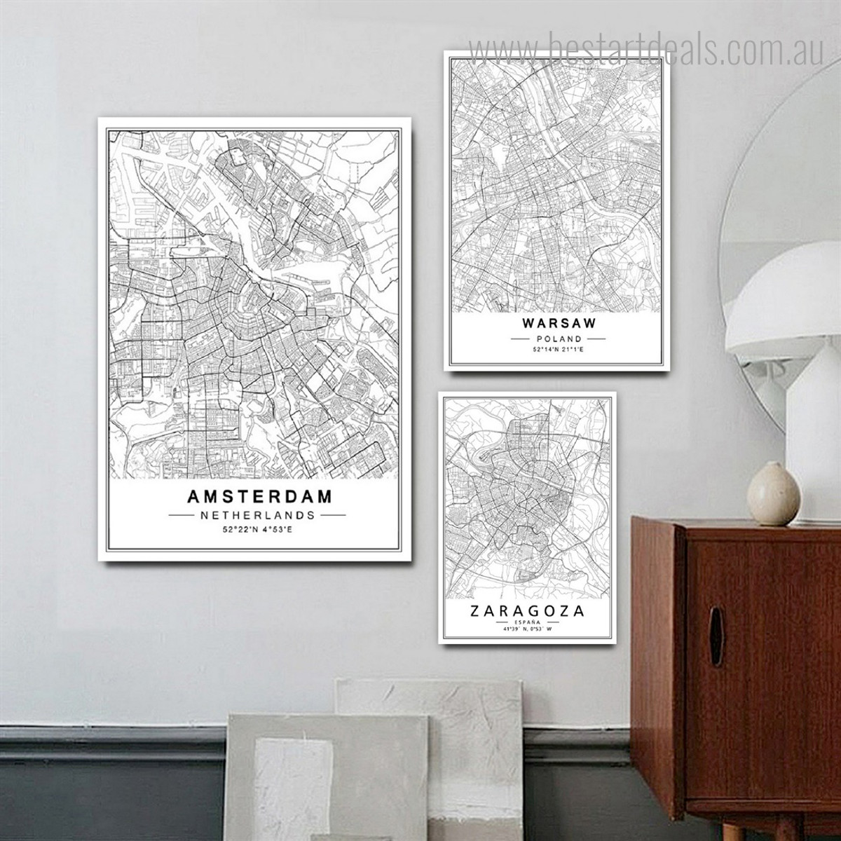 Amsterdam Warsaw Zaragoza Map Modern Rolled 3 Piece Framed Artwork Set Abstract Photograph Print on Canvas Home Wall Onlay