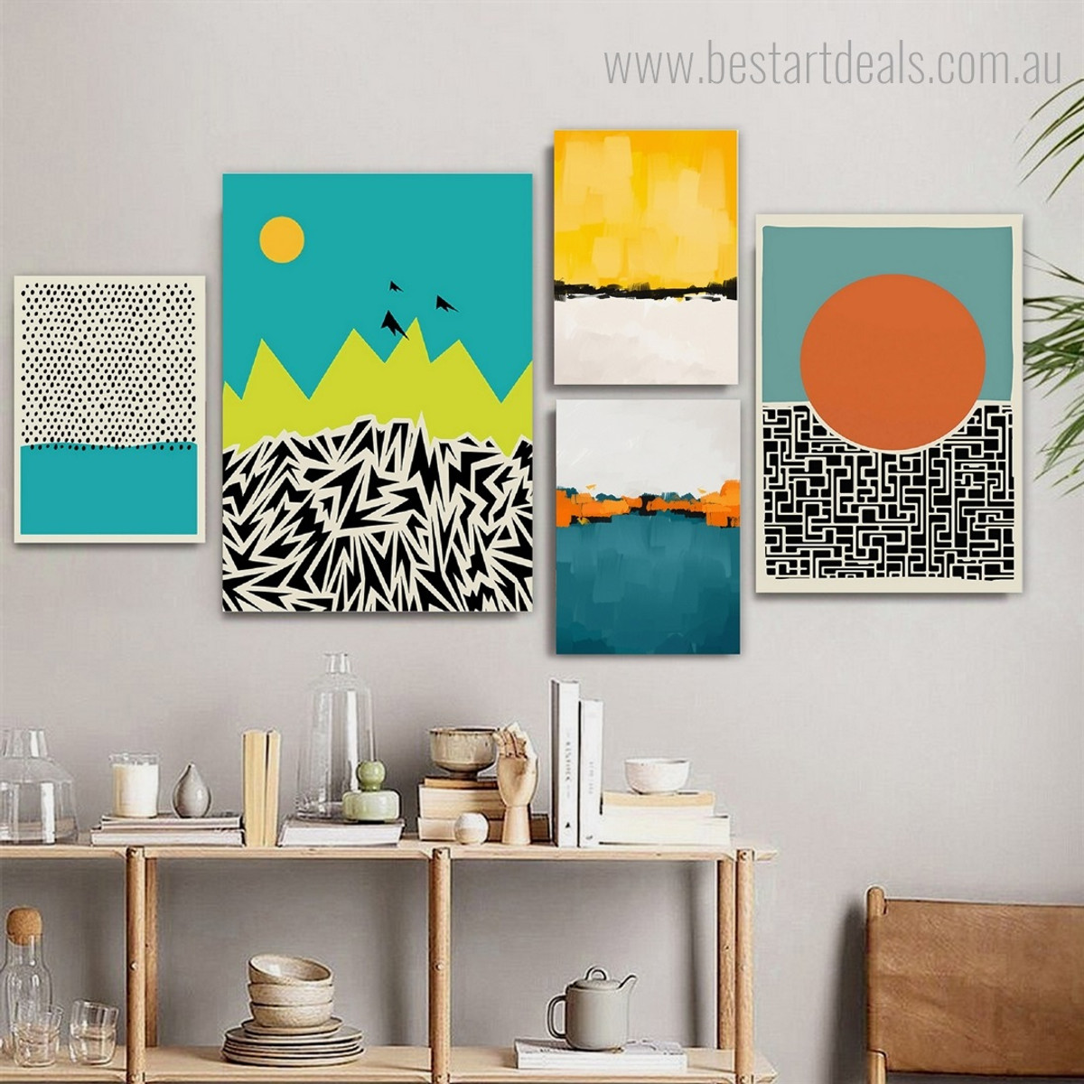 Curved Strokes Polkas Dots Modern Abstract 5 Piece Framed Painting Set Geometric Photograph Print on Canvas for Wall Hanging Arrangement