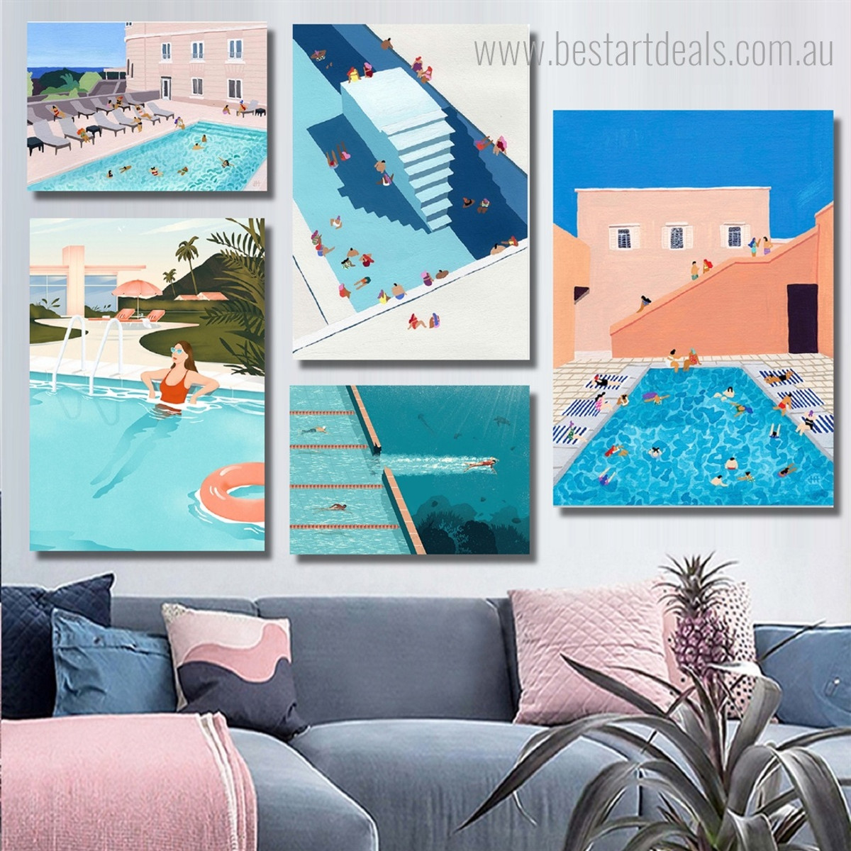Human Pool Fun Building Modern 5 Framed Wall Painting Prints Cityscape Abstract Photograph Rolled Canvas for Room Garnish