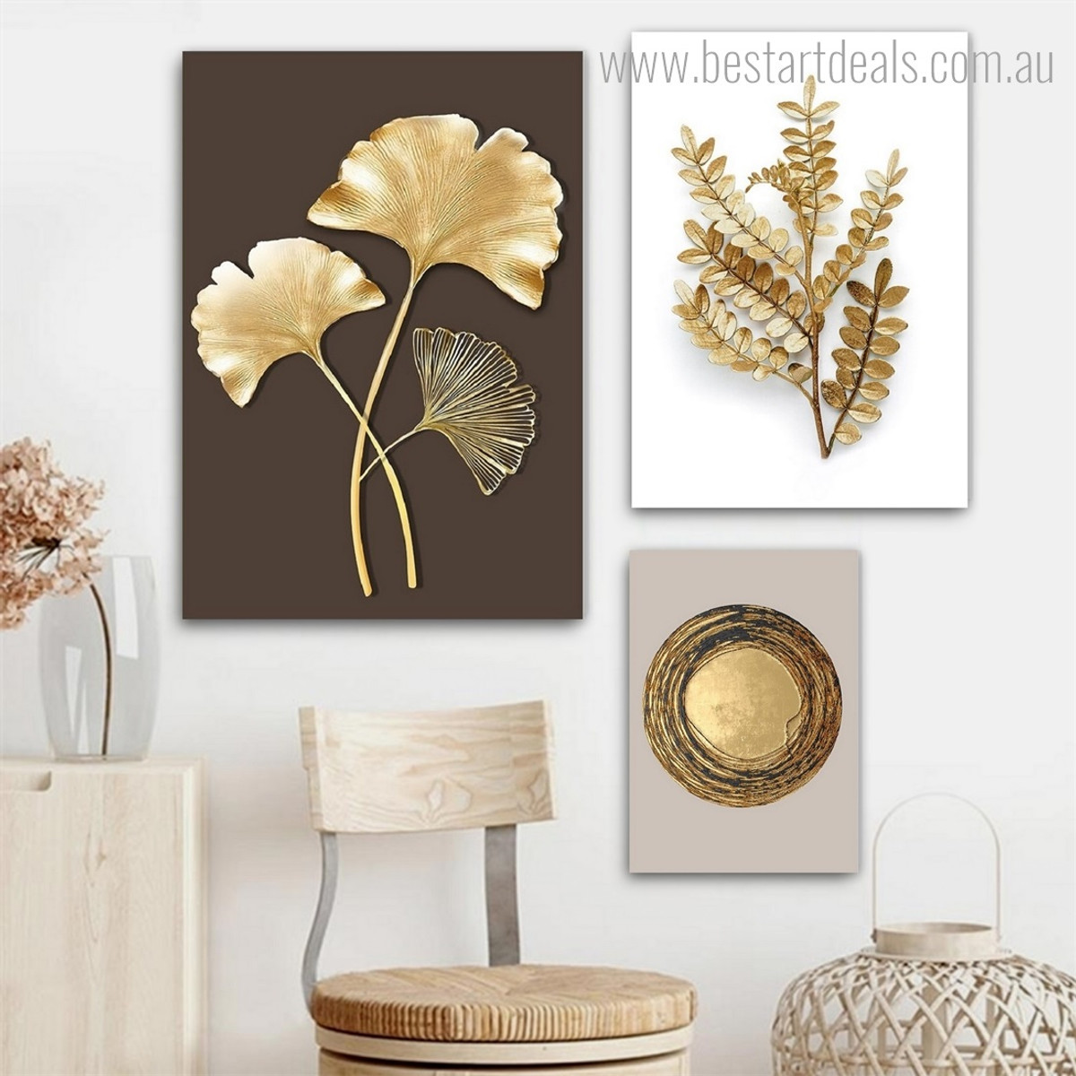 Golden Ginkgo Leaflets Botanical Rolled Photograph 3 Piece Framed Canvas Prints Wall Artwork Set Modern Abstract for Room Wall Equipment