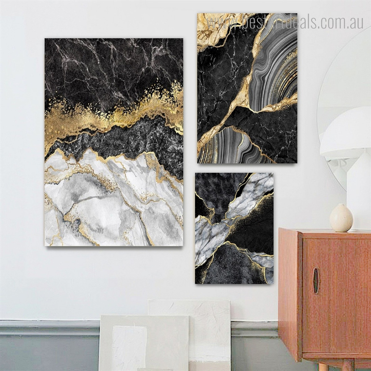 Splotch Marble Abstract 3 Piece Framed Canvas Prints Wall Artwork Set Modern Photograph Stretched for Room Finery